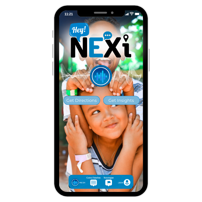 Hey NEXi mobile app home screen featuring navigation and insights buttons with a smiling child and parent in the background