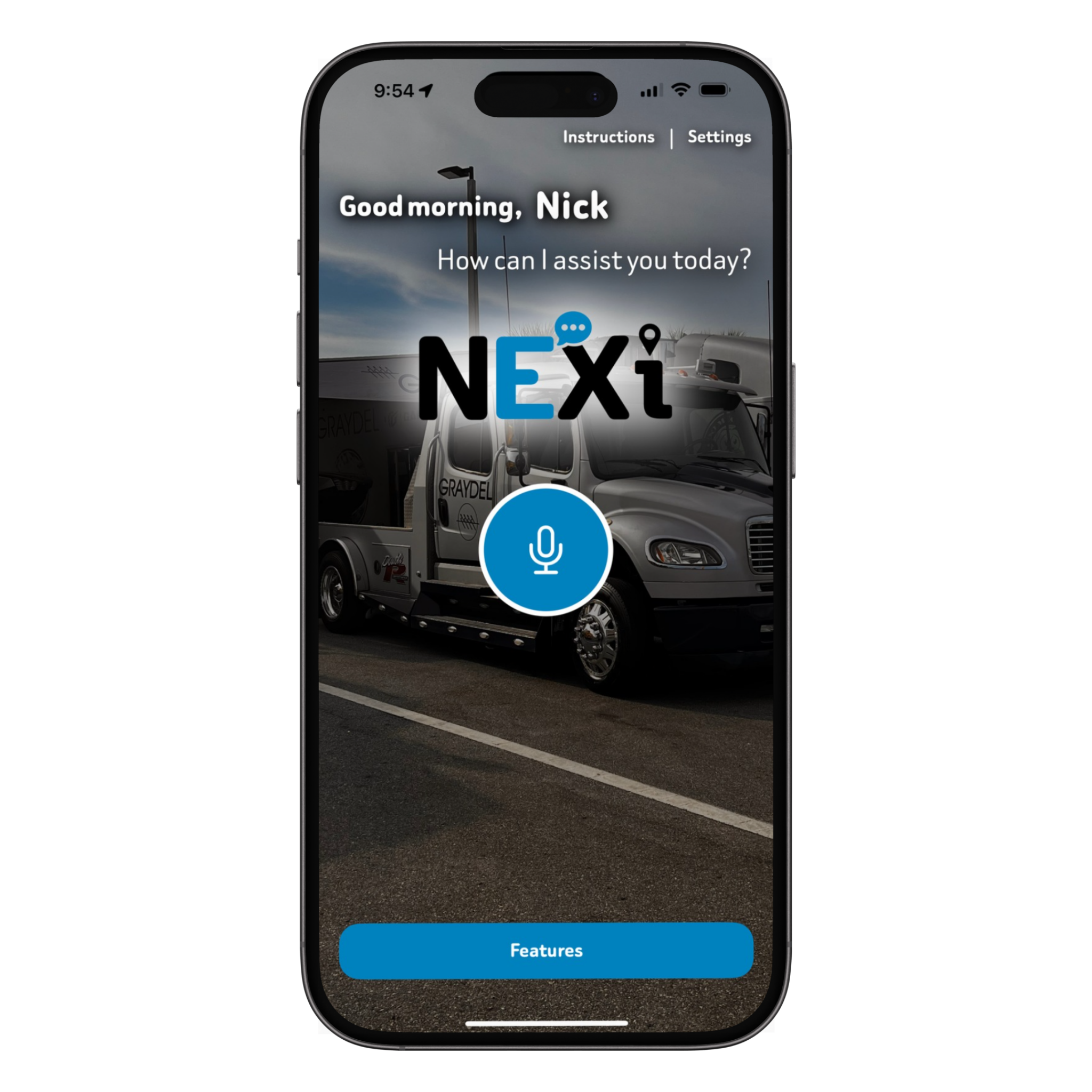MainScreen_20250725_4 Hey NEXi mobile app home screen featuring navigation and insights buttons with a smiling child and parent in the background