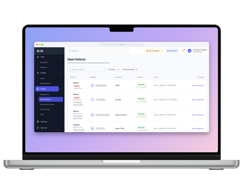 NEXi dashboard: Safety, Open Defects