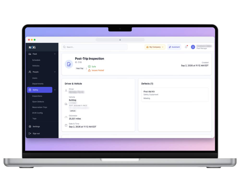 NEXi dashboard: a completed post-trip inspection