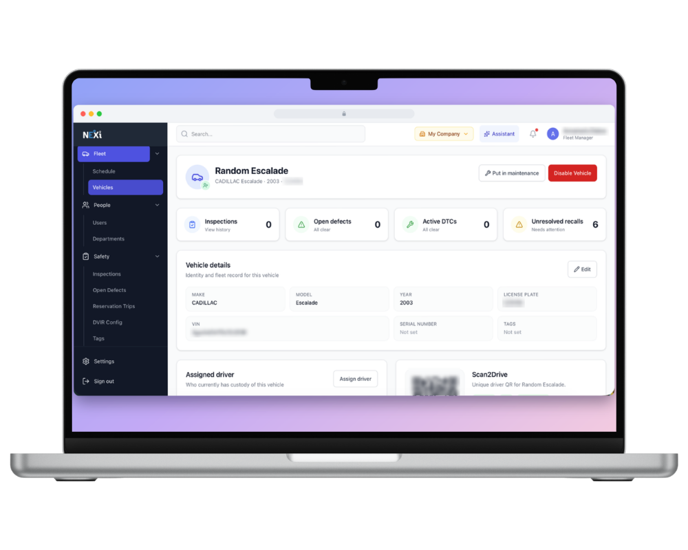 NEXi dashboard: vehicle details